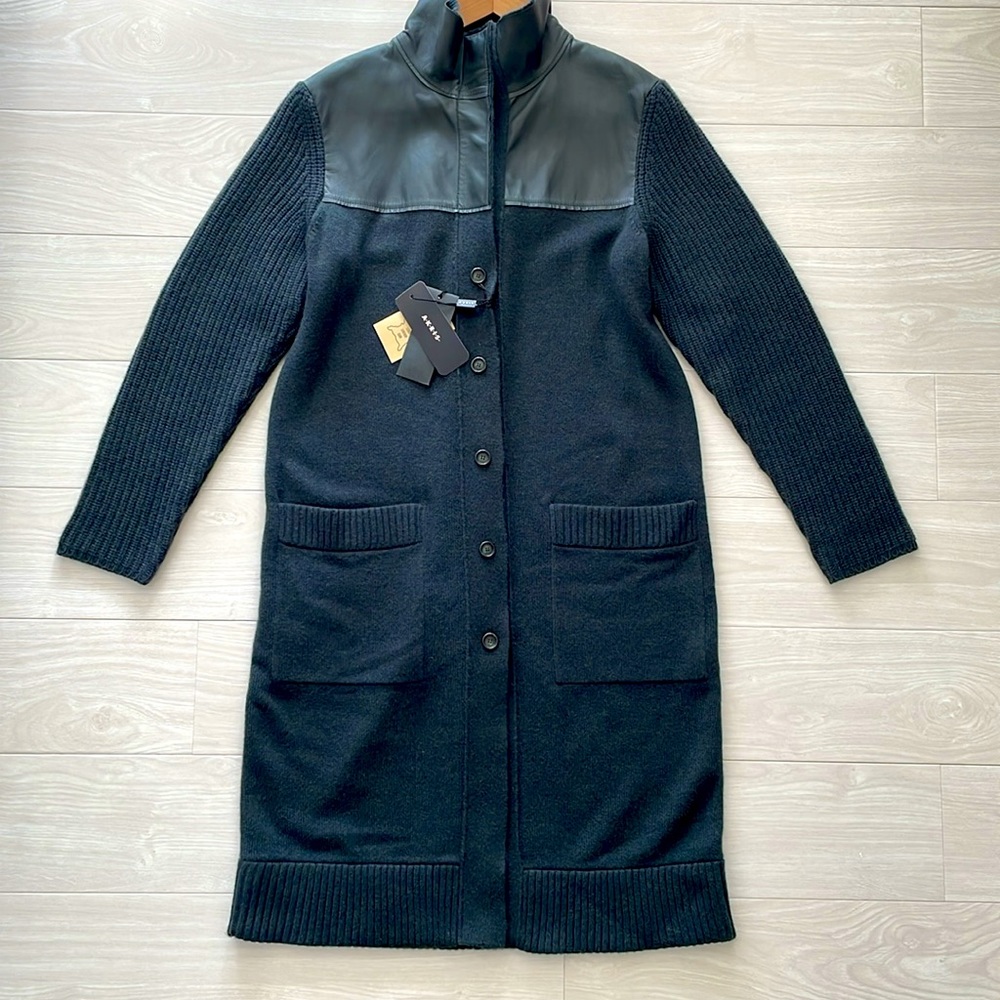 Akris Pine Green Italian Cashmere & Napa Leather Cardigan - Picture 3 of 16